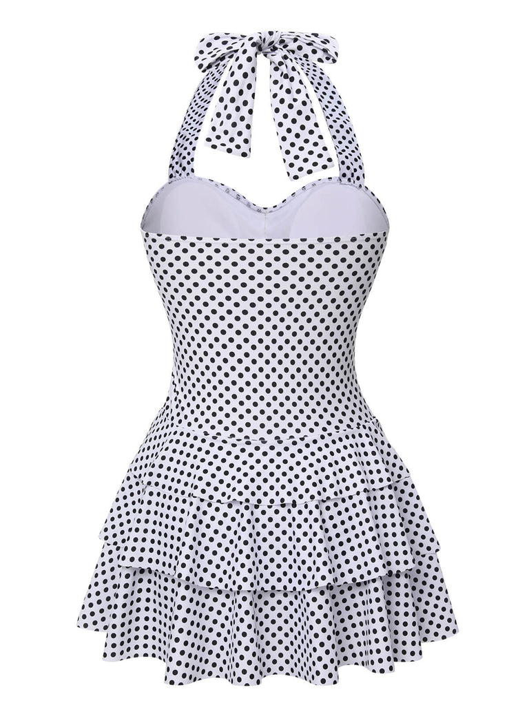 Weiß 1940er Polka Dot Halter Rock Badeanzug