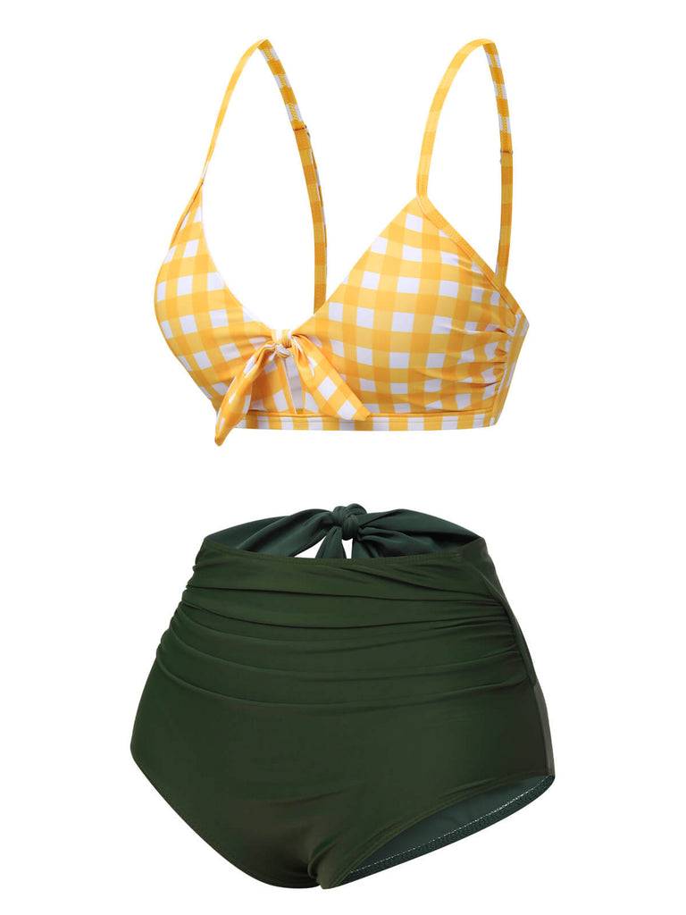 Gelb & Grün 1950er Plaid Bogen Bikini Set