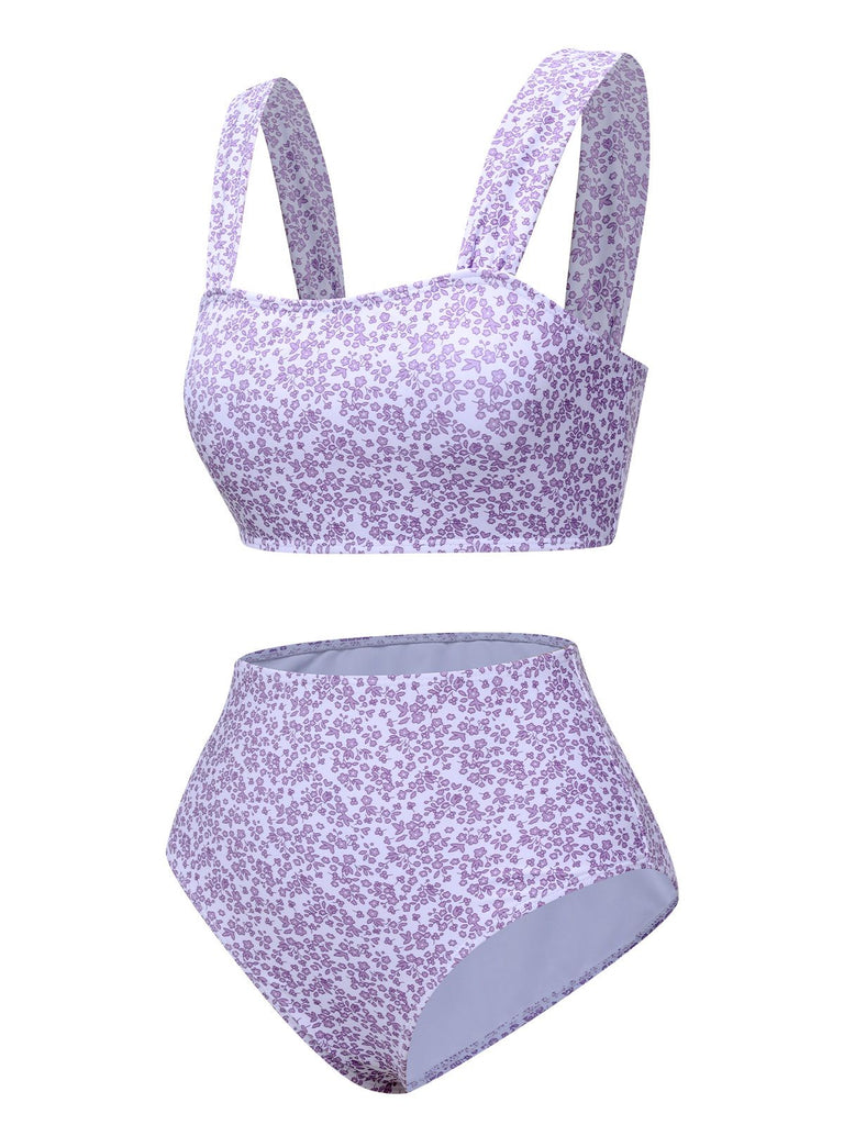 Lavendel 1950er Blumen Breit-Gurt Badeanzug