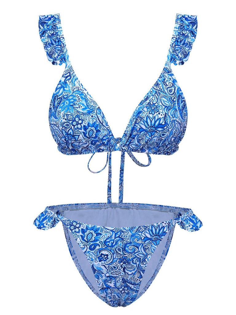 Blau 1950er Paisley-Print Rüschenbesatz Triangle Bikini Badeanzug