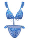 Blau 1950er Paisley-Print Rüschenbesatz Triangle Bikini Badeanzug