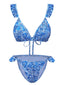 Blau 1950er Paisley-Print Rüschenbesatz Triangle Bikini Badeanzug