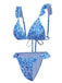 Blau 1950er Paisley-Print Rüschenbesatz Triangle Bikini Badeanzug