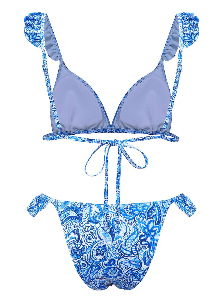 Blau 1950er Paisley-Print Rüschenbesatz Triangle Bikini Badeanzug