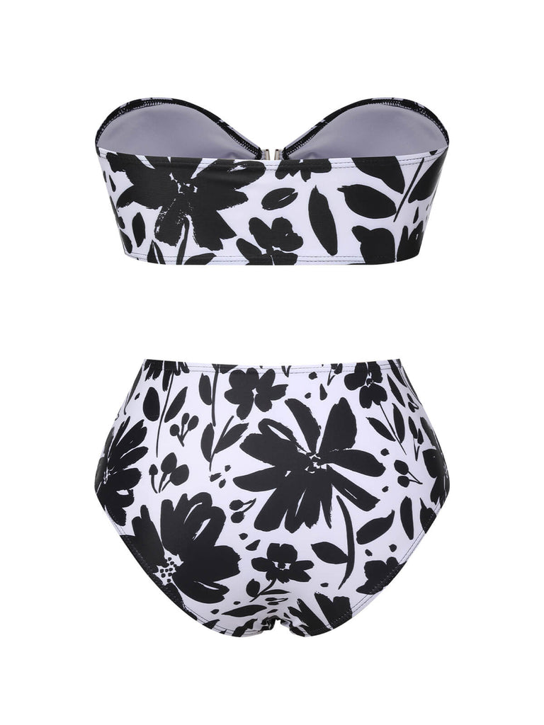 Schwarz & Weiß 1950er Pflanzen Silhouette Bandeau BIkini