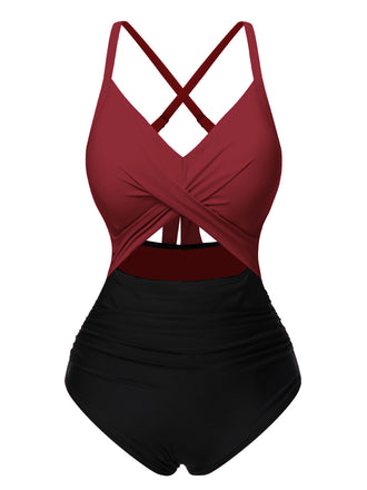 Rot & Schwarz 1940er Hohl Taillen Patchwork Badeanzug