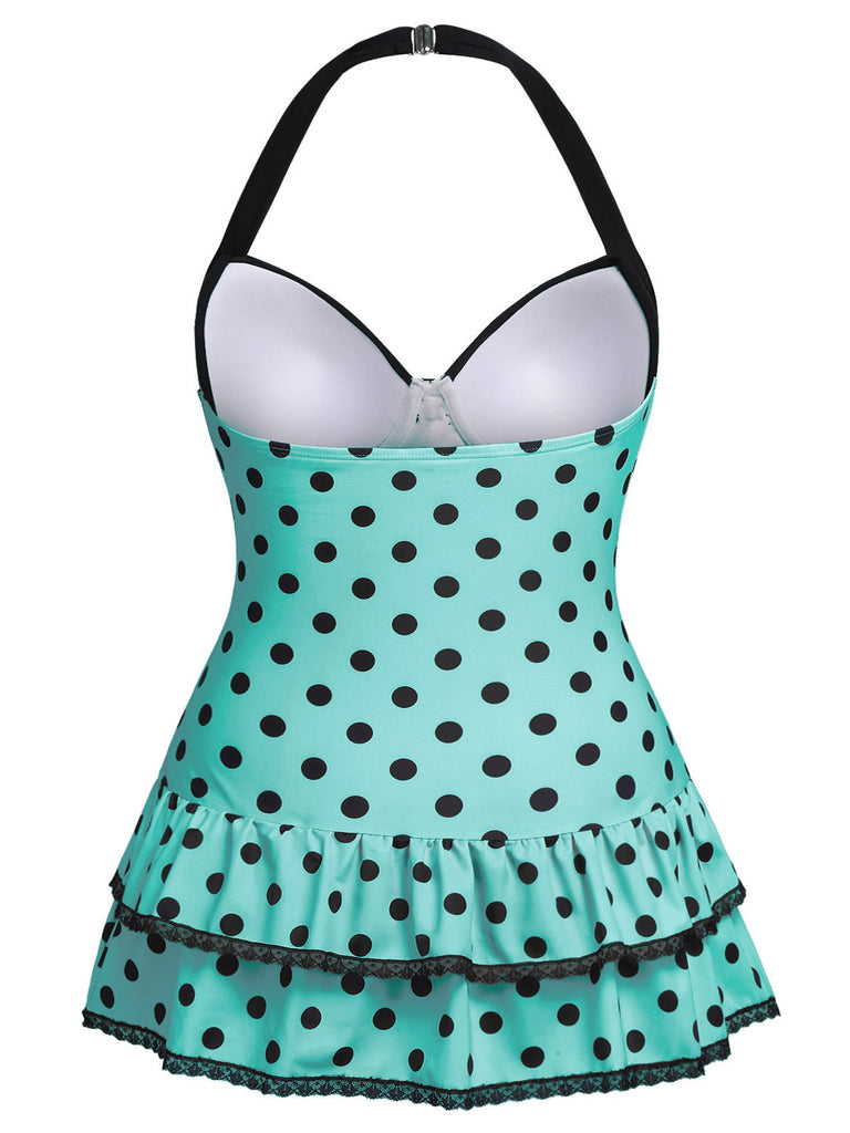 [Übergröße] Hellgrün 1940er Polka Dots Halter Badeanzug
