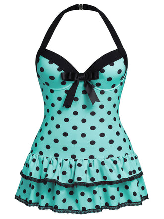 [Übergröße] Hellgrün 1940er Polka Dots Halter Badeanzug
