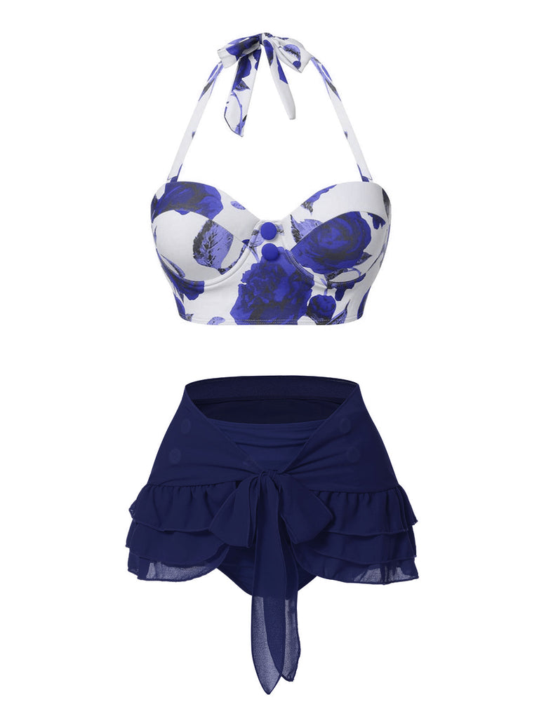 2PCS Rot 1960er Roses Halter Badeanzug & Rock Cover-Up