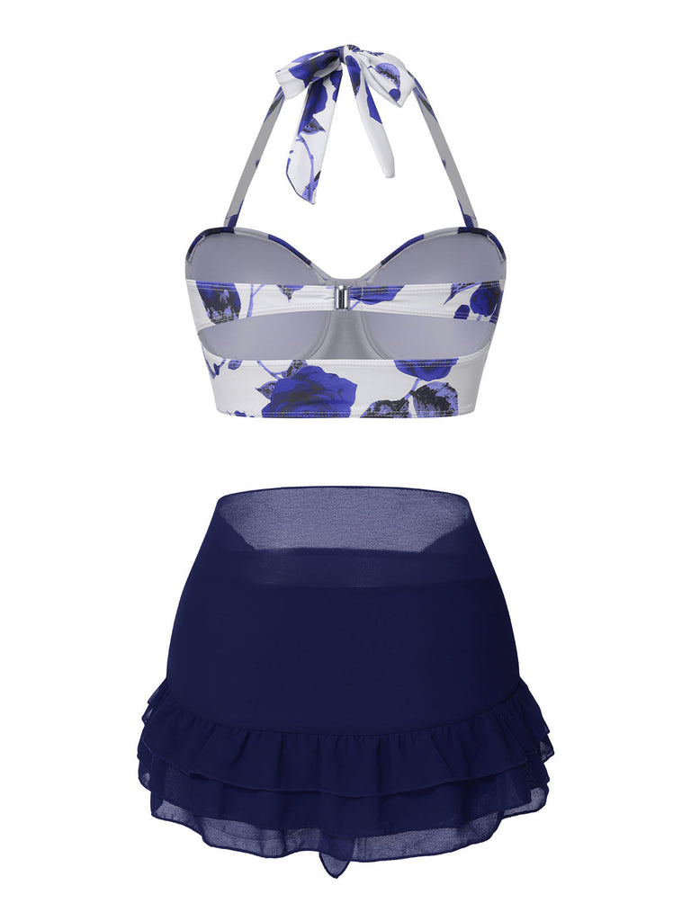 2PCS Rot 1960er Roses Halter Badeanzug & Rock Cover-Up