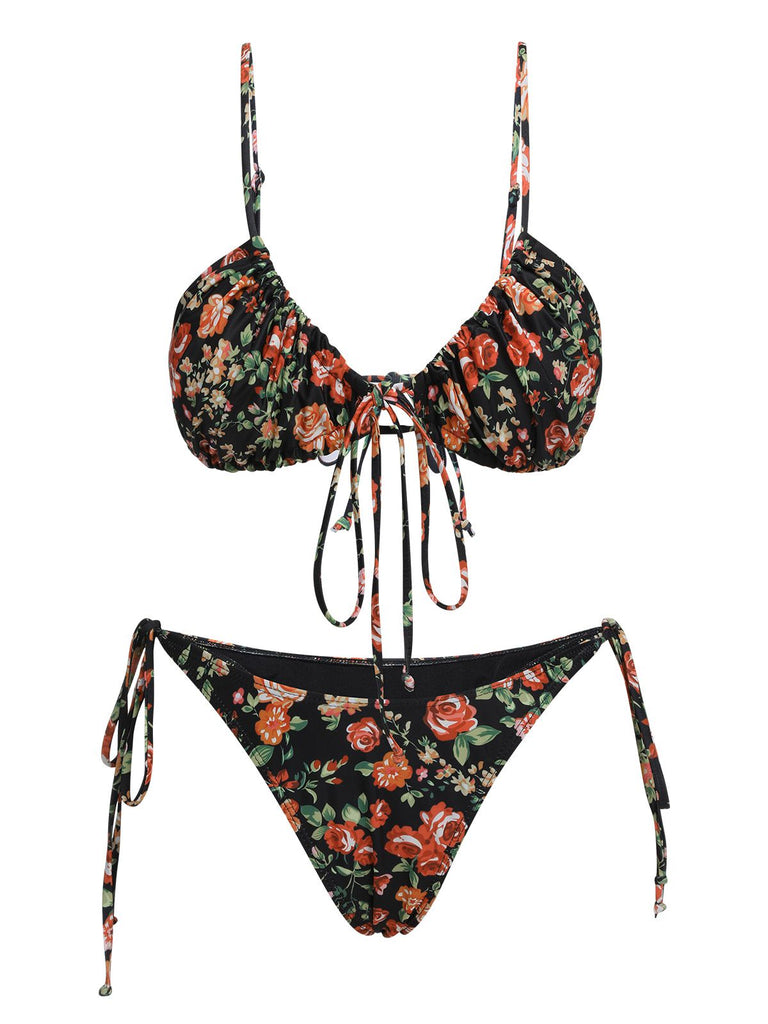 1950er Blumen Schnürung Spaghetti Träger Bikini Set