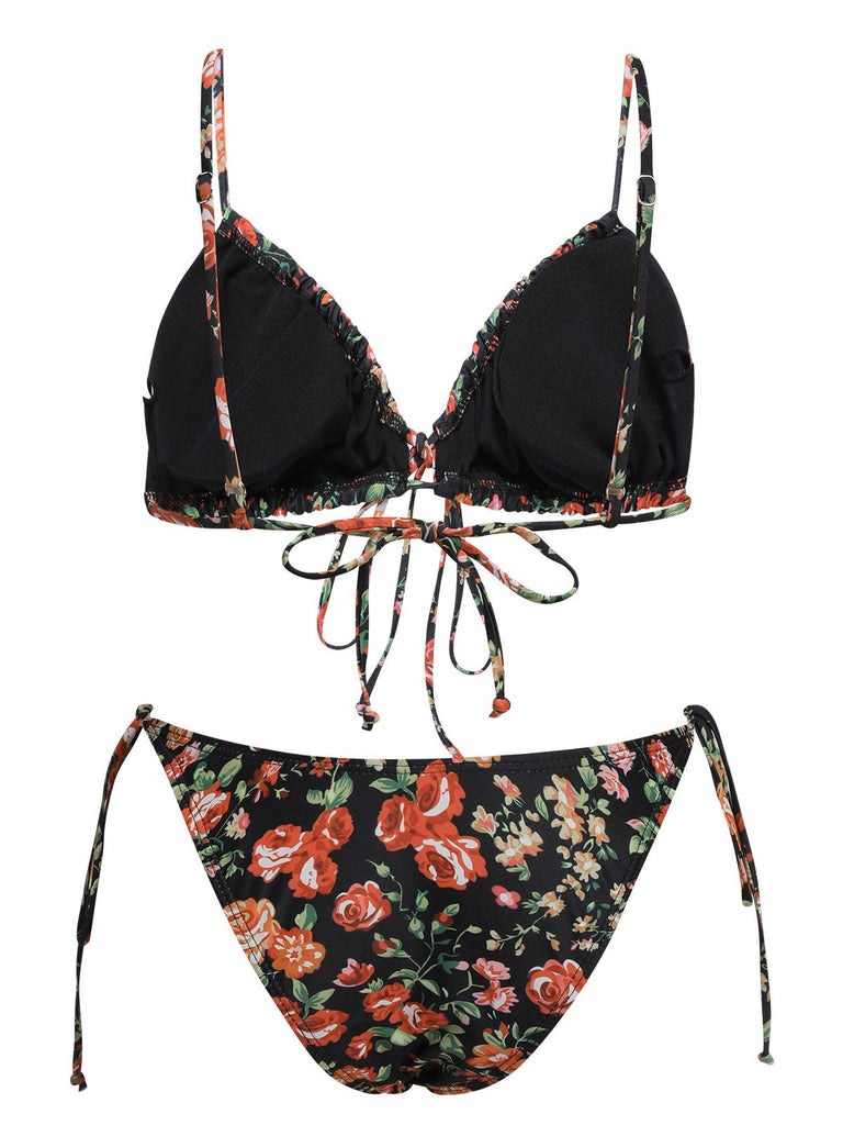 1950er Blumen Schnürung Spaghetti Träger Bikini Set