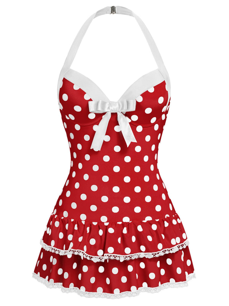 Rot 1940er Polka Dots Halter Einteiliger Badeanzug