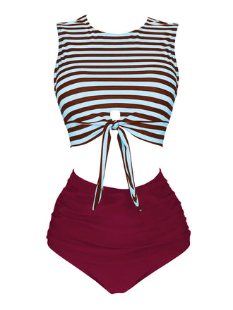 Blau & Rot 1970er Streifen Taille Binden Patchwork Badeanzug