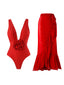 2PCS Rot 1960er Solide 3D-Blumen Badeanzug & Cover-Up