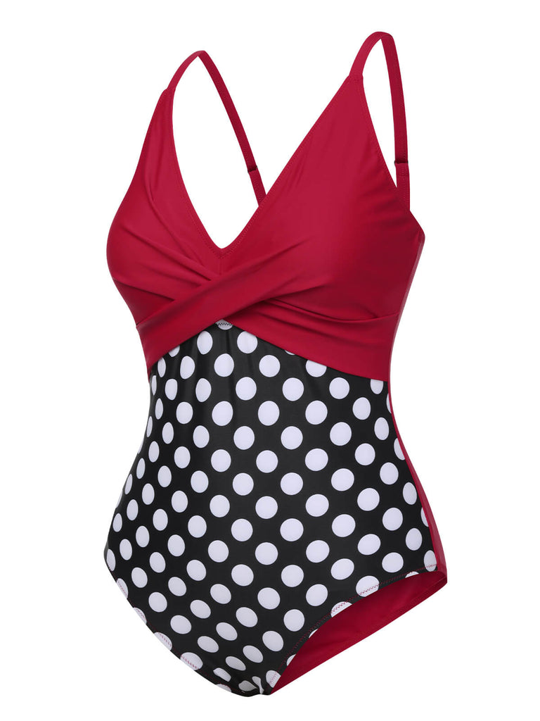 Rot 1960er Polka Dot Patchwork Badeanzug