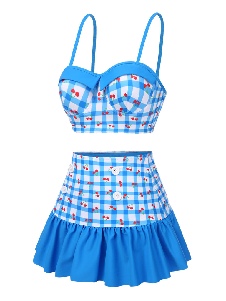 [Vorverkauf] Blau 1930er Spaghetti Träger Gingham Kirsche Badeanzug