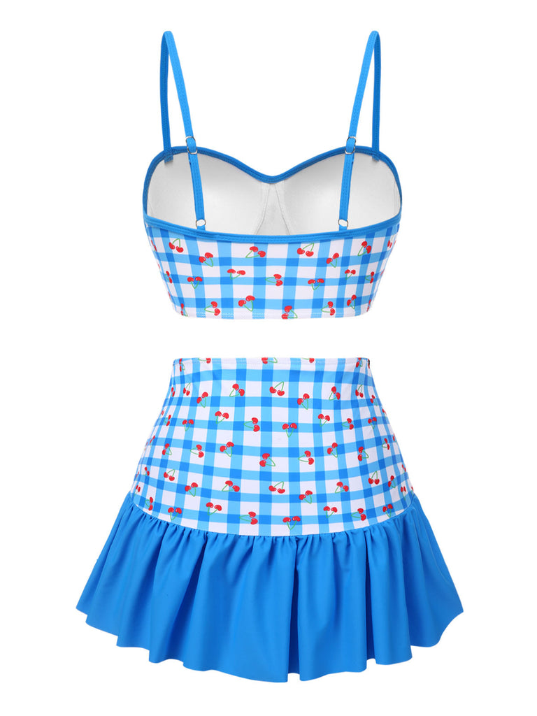 [Vorverkauf] Blau 1930er Spaghetti Träger Gingham Kirsche Badeanzug