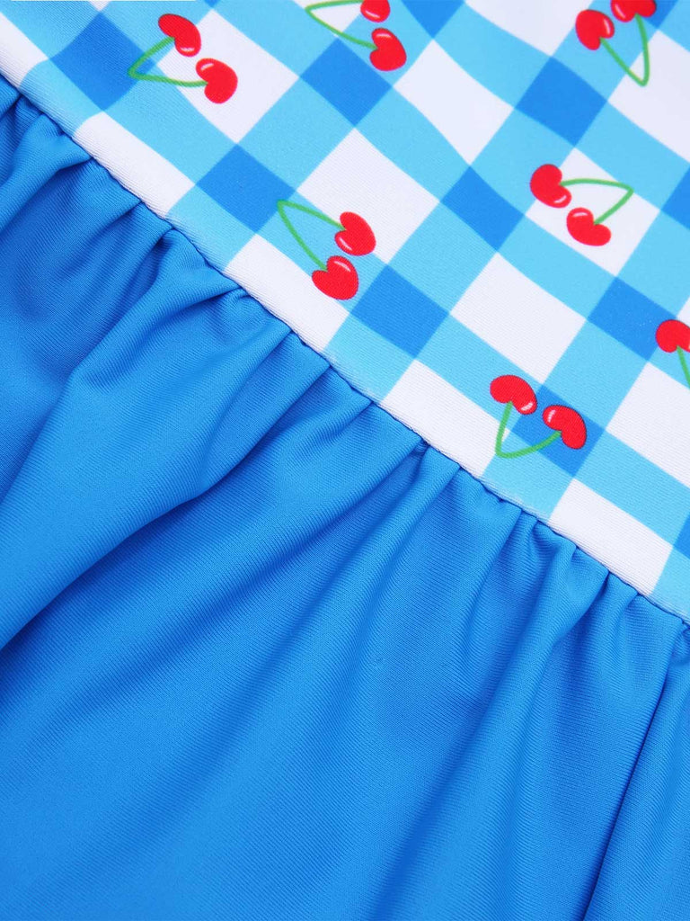 [Vorverkauf] Blau 1930er Spaghetti Träger Gingham Kirsche Badeanzug