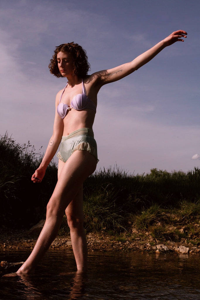 Lavendel 1970er Meerjungfrau Halter Bikini Set