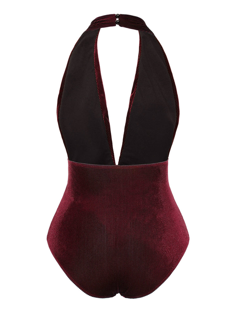 Dunkelgrün 1970er Samt Tief V-Ausschnitt Badeanzug