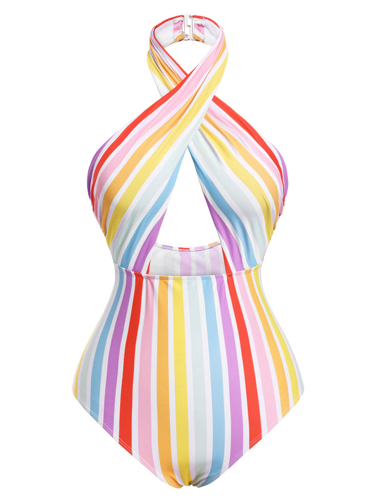 [Vorverkauf] Multicolor 1960er Regenbogen Streifen Halter Badeanzug