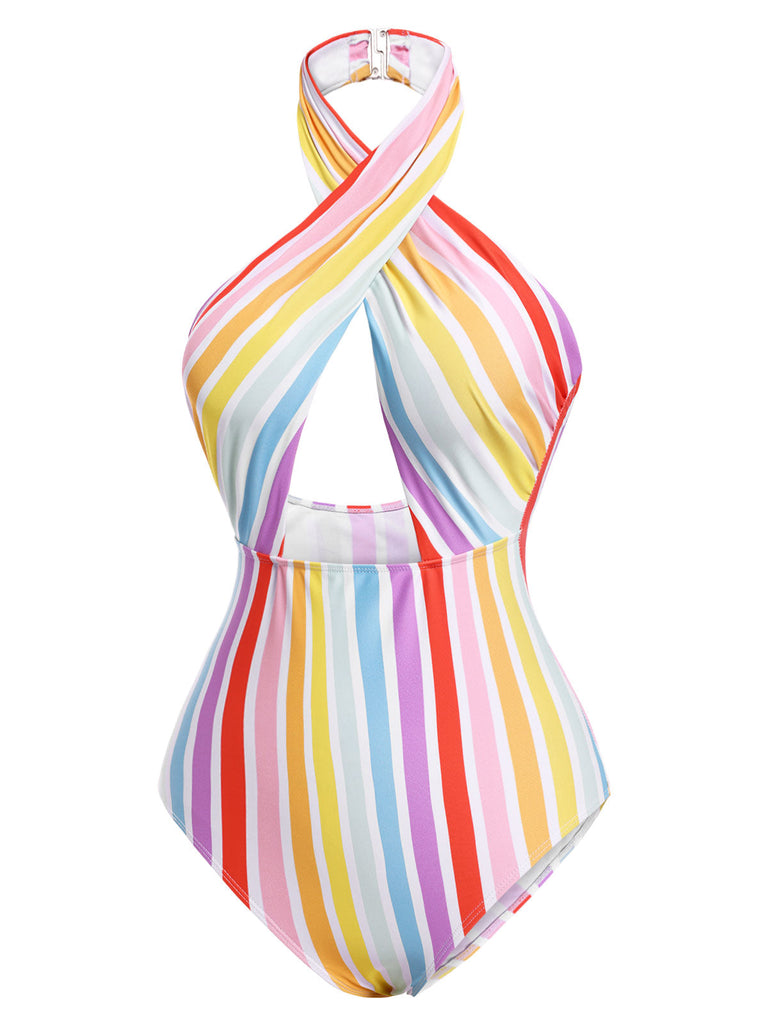 [Vorverkauf] Multicolor 1960er Regenbogen Streifen Halter Badeanzug