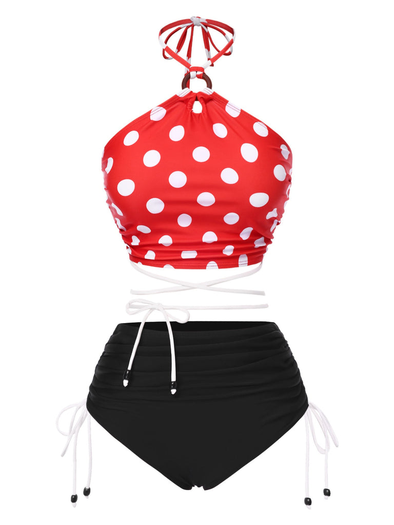 [Vorverkauf] Rot 1950er Polka Dots Schnürung Halter Badeanzug