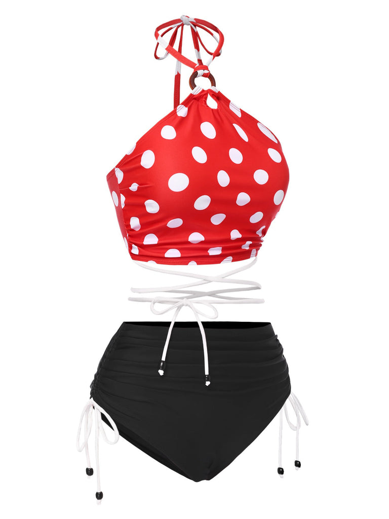 [Vorverkauf] Rot 1950er Polka Dots Schnürung Halter Badeanzug