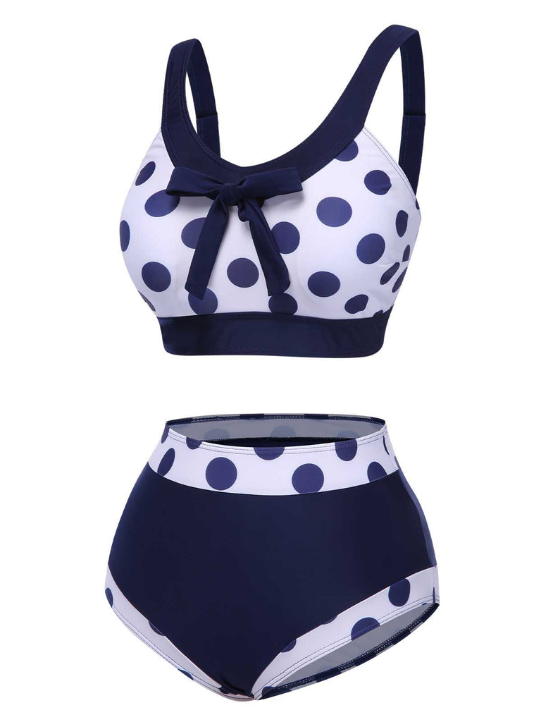 Marineblau 1950er Polka Dots Hohe-Taille Badeanzug