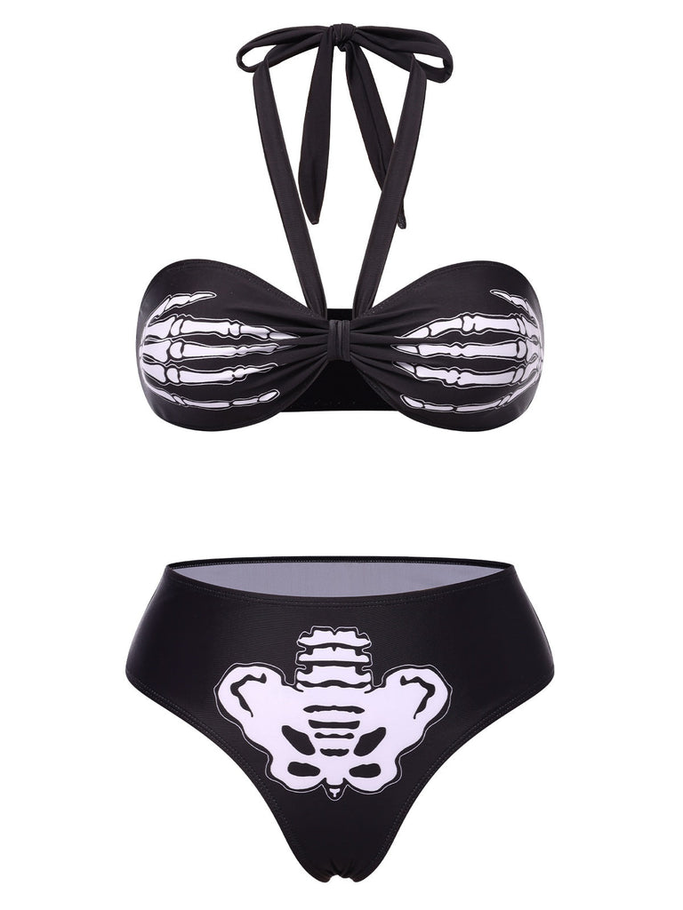 Schwarz 1970er Skeletthand Halter Bikini Set