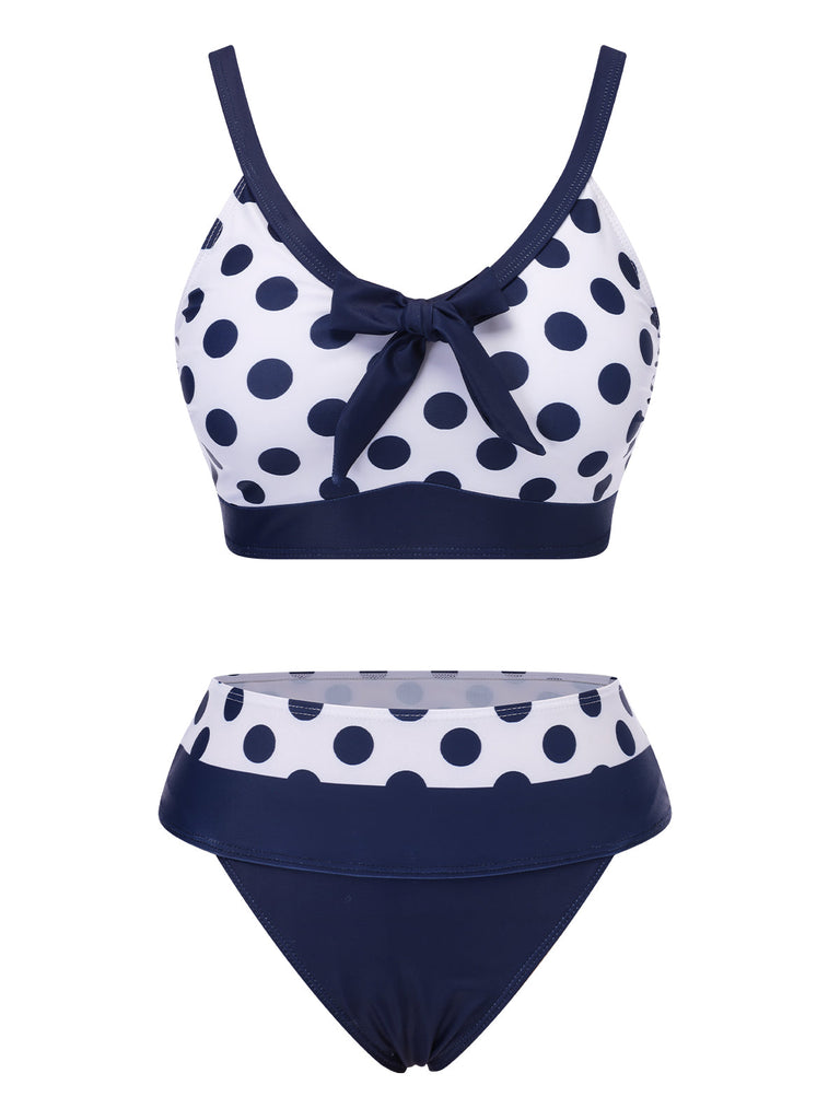 Dunkelblau 1950er Polka Dot Bogen Patchwork Bikini Set