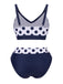 Dunkelblau 1950er Polka Dot Bogen Patchwork Bikini Set