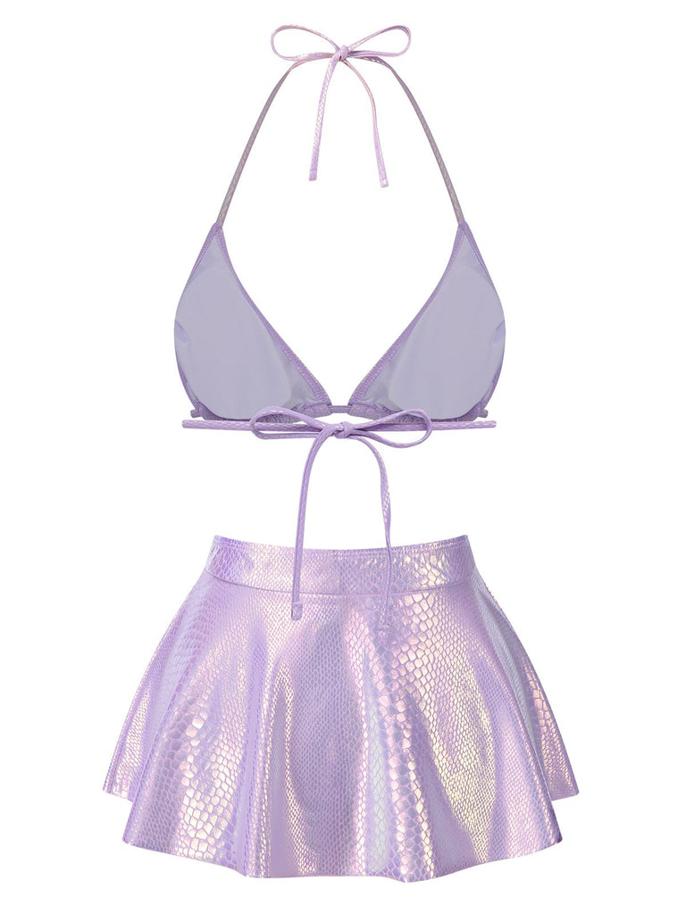 Lavendel 1970er Metallische Fischschuppe Bikini Set