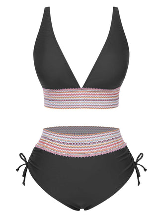 1970er V-Ausschnitt Patchwork Hohe-Taille Bikini