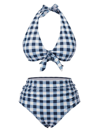Blau 1950er Halter Hohe-Taille Plaids Badeanzug