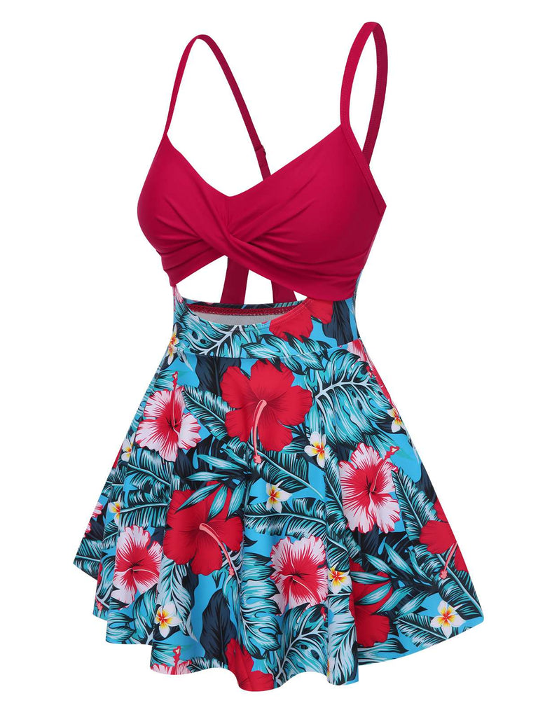 Multicolor 1940er Blumen Hohl Träger Swim Kleid