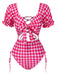 Rot 1950er Gingham Plaid Hohl Puff Badeanzug