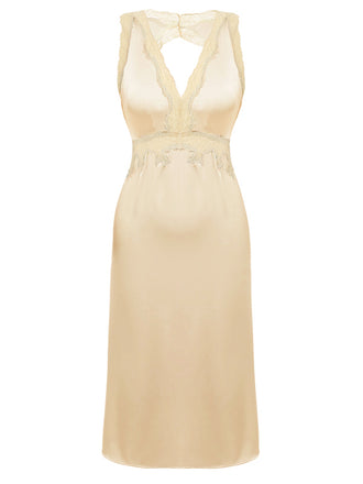 Beige 1950er Spitze Rückenfrei V-Ausschnitt Satin Nachtwäsche