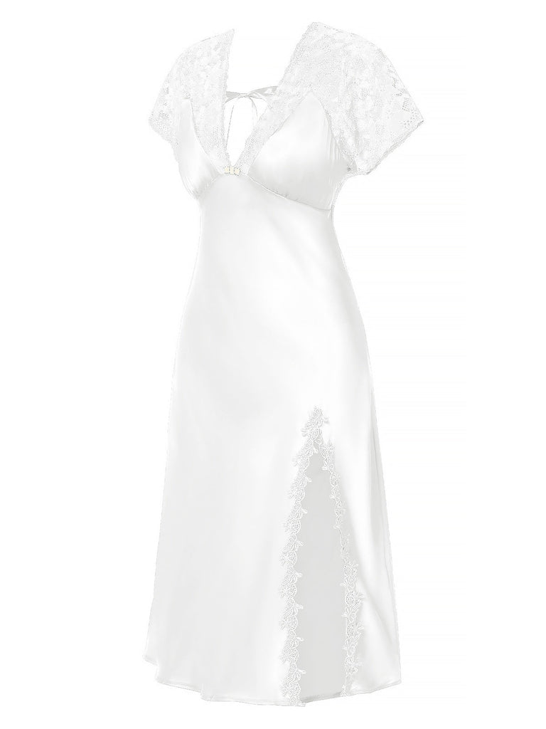 1960er Solide Spitze Satin Patchwork V-Ausschnitt Nachthemd