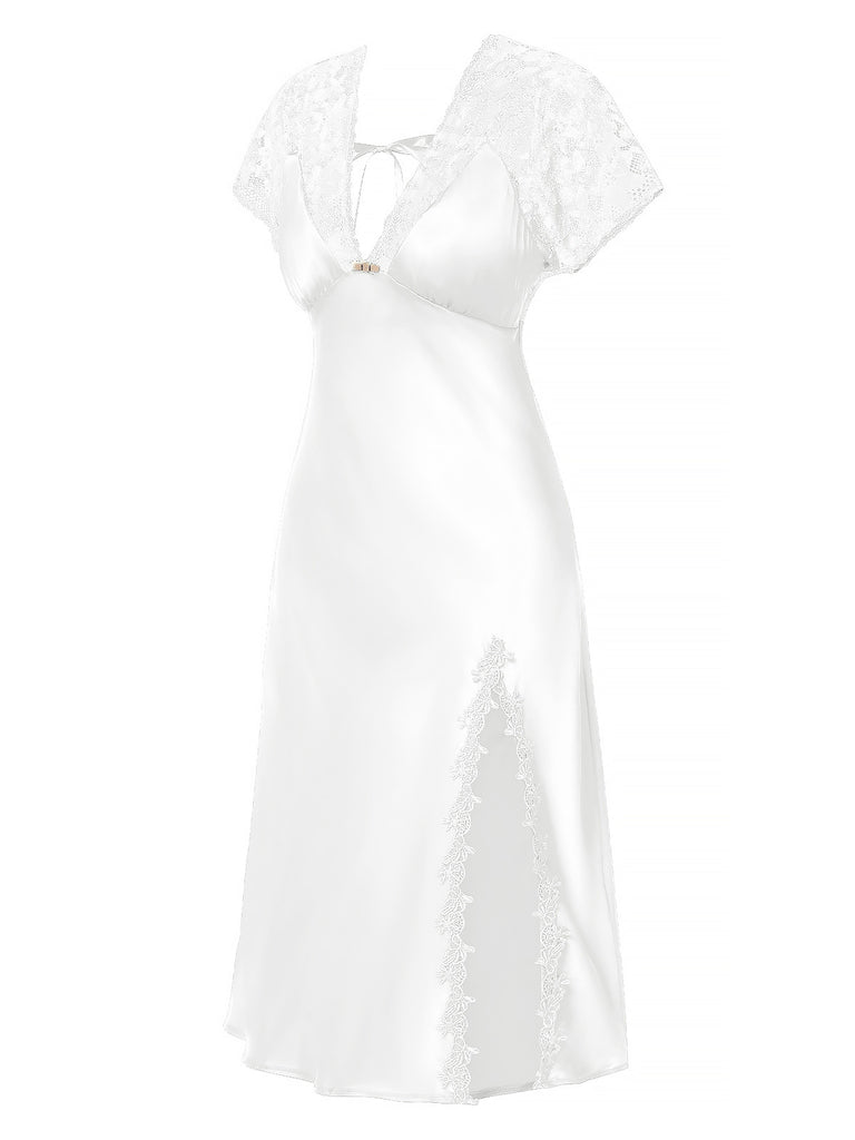1960er Solide Spitze Satin Patchwork V-Ausschnitt Nachthemd