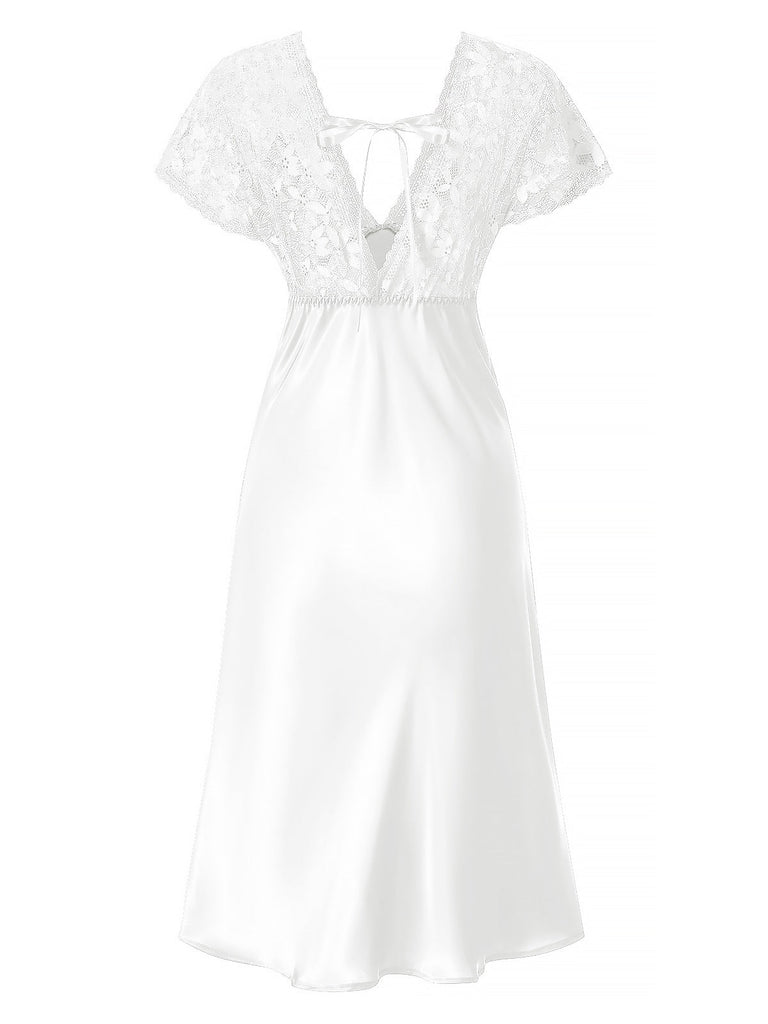 1960er Solide Spitze Satin Patchwork V-Ausschnitt Nachthemd