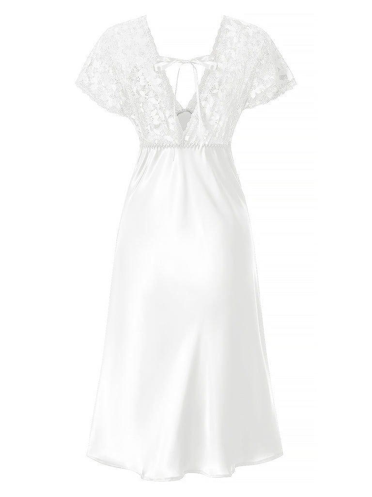 1960er Solide Spitze Satin Patchwork V-Ausschnitt Nachthemd