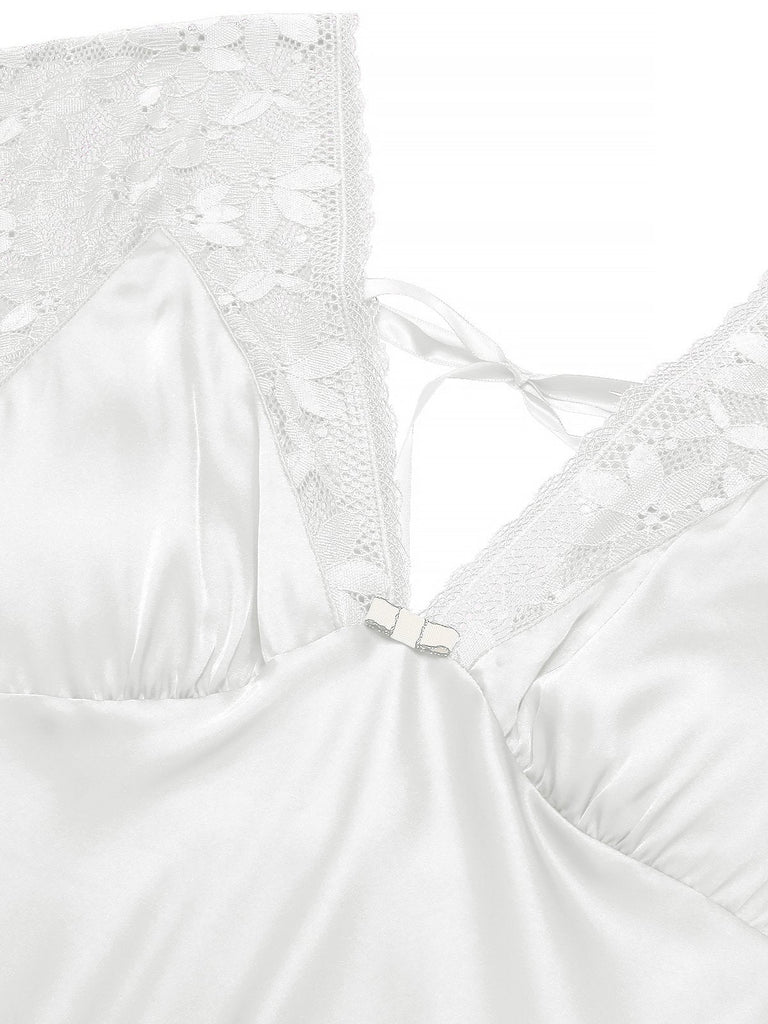 1960er Solide Spitze Satin Patchwork V-Ausschnitt Nachthemd