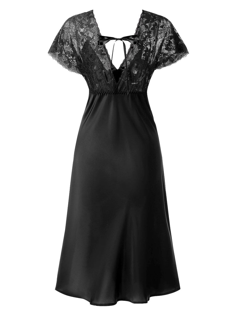 1960er Solide Spitze Satin Patchwork V-Ausschnitt Nachthemd