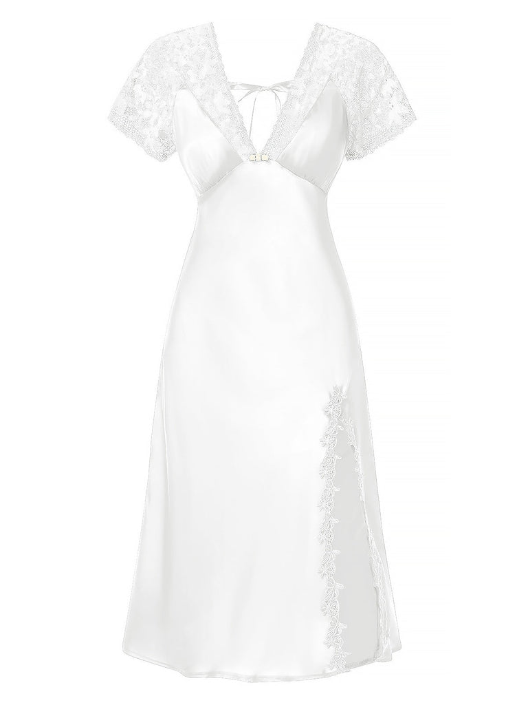 1960er Solide Spitze Satin Patchwork V-Ausschnitt Nachthemd