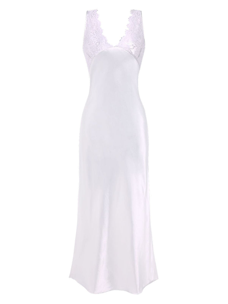 1930er Spitze Hohl Satin Patchwork V-Ausschnitt Nachthemd