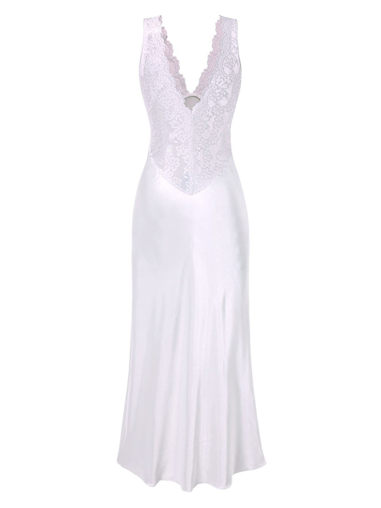 1930er Spitze Hohl Satin Patchwork V-Ausschnitt Nachthemd