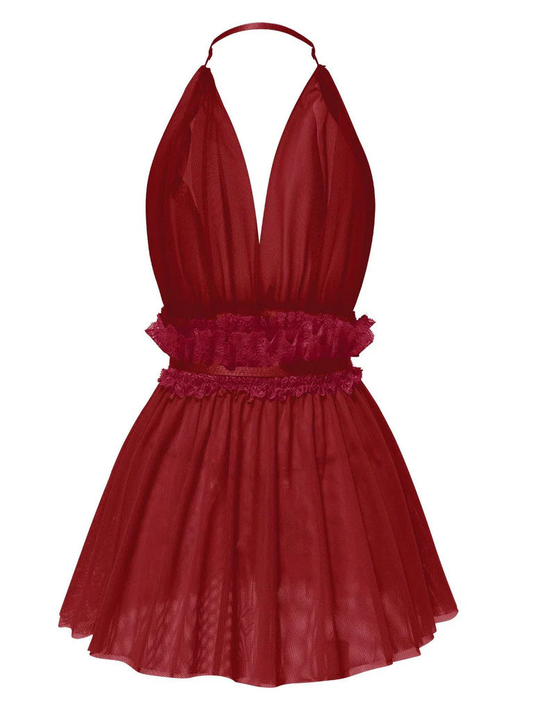 1950er Spitze Netz Tief V-Ausschnitt Halter Nachthemd