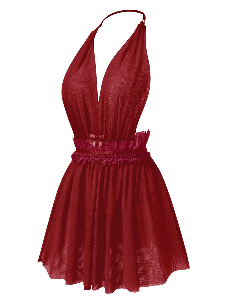 1950er Spitze Netz Tief V-Ausschnitt Halter Nachthemd